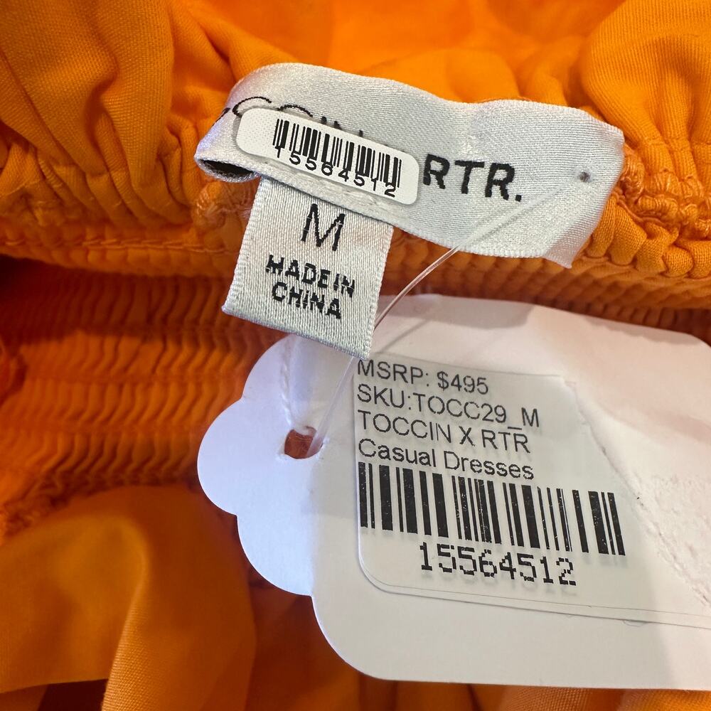 Toccin Orange Midi Dress MEDIUM Smocked Cottage Ruffle Cotton Designer $500 - Picture 11 of 11